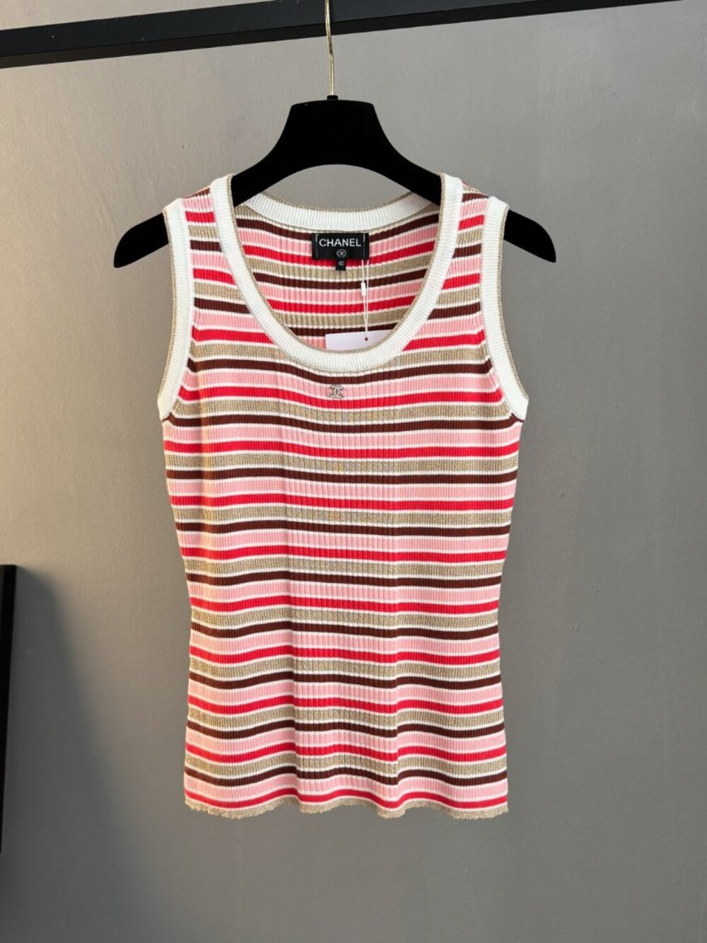 CHANEL Pink & Brown Striped Ribbed Tank Top